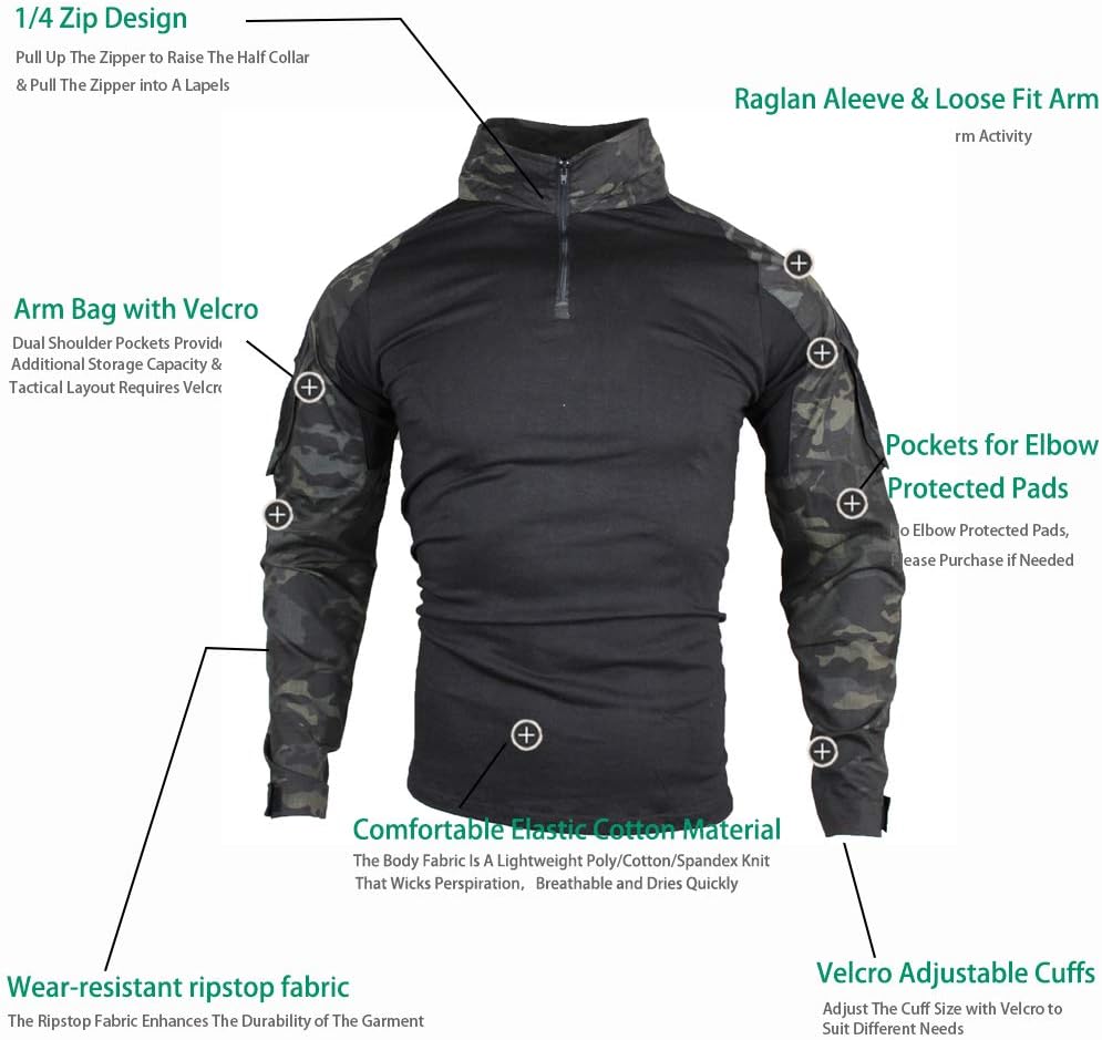 Tactical Combat T-shirt för män, Ripstop andningsbar tröja för jakt Military Airsoft