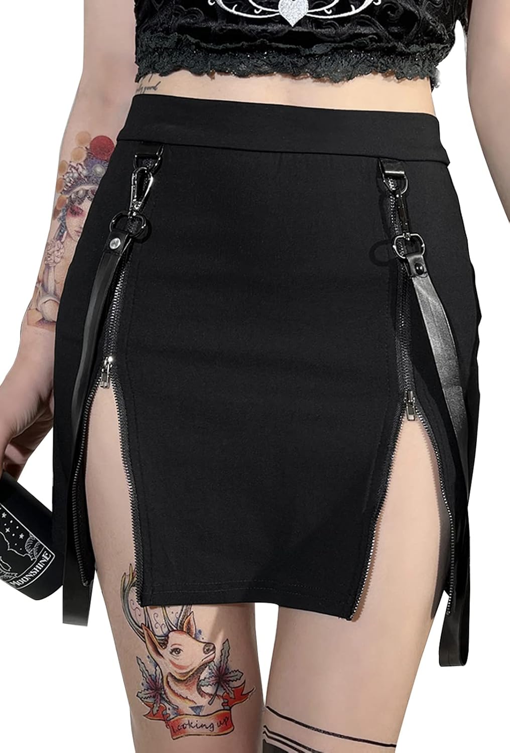 SEAUR Gotisk kjol dam, svart, kort, punk minikjol, steampunk, kjol, cosplay, party, klubb, slitage, hög midja, A-linje, spets, veckad kjol – S, M, L, XL