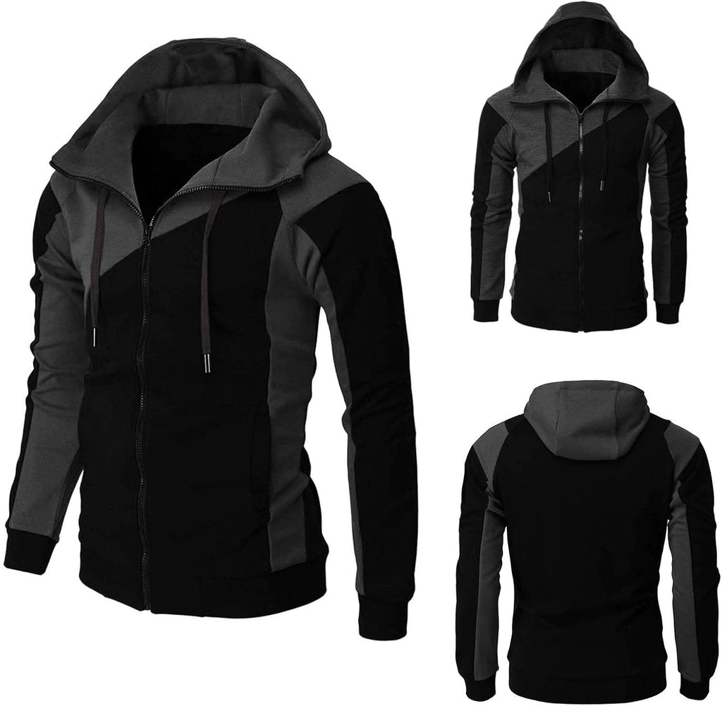 Generisk huvtröja med dragkedja för män, huvtröja med dragsko och fickor pullover tvåfärgad lapptäcke huvtröjor ledig hip hop sweatjacka slim fit andningsaktiv tröja cake casual mångsidig topp