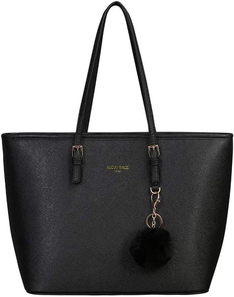 URAQT Damhandväska tygväska, 15,6 tums PU-läder axelväska laptopväskor med justerbart handtag, lätt snygg designer stora svarta handväskor för skola arbete resor