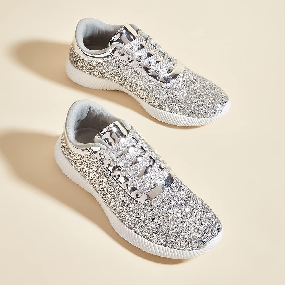 LUCKY STEP Briljanta sneakers för kvinnor med strass och metallpaljetter, lätta tennisskor