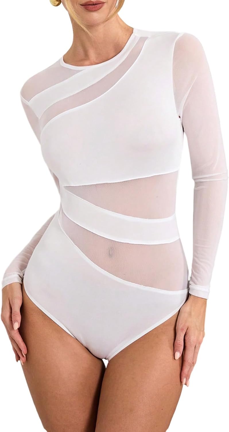 GORGLITTER Dambodysuit, elegant bodysuit, med genomskinligt nät, överdel, långärmad, bodys, nätskjorta, höst, festival, outfit