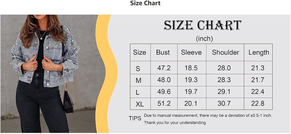 Womens Cropped Pearls Beading Jean Jacket Ripped Star Broderad jeansjacka Coat