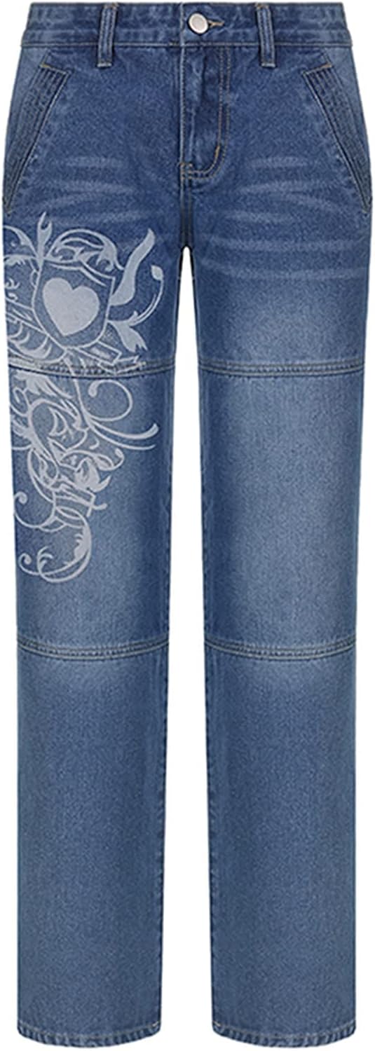 Kvinnor Y2k-jeans, gothstil, byxor i punkig emostil, säckiga, utsvängda jeans, breda ben, Harajuku grunge-byxor, hiphop-kläder