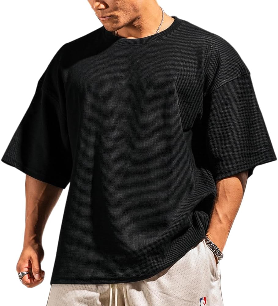 Muscle Alive Basic långärmad våffeltröja för män lös passform träning pullover rund hals skjorta