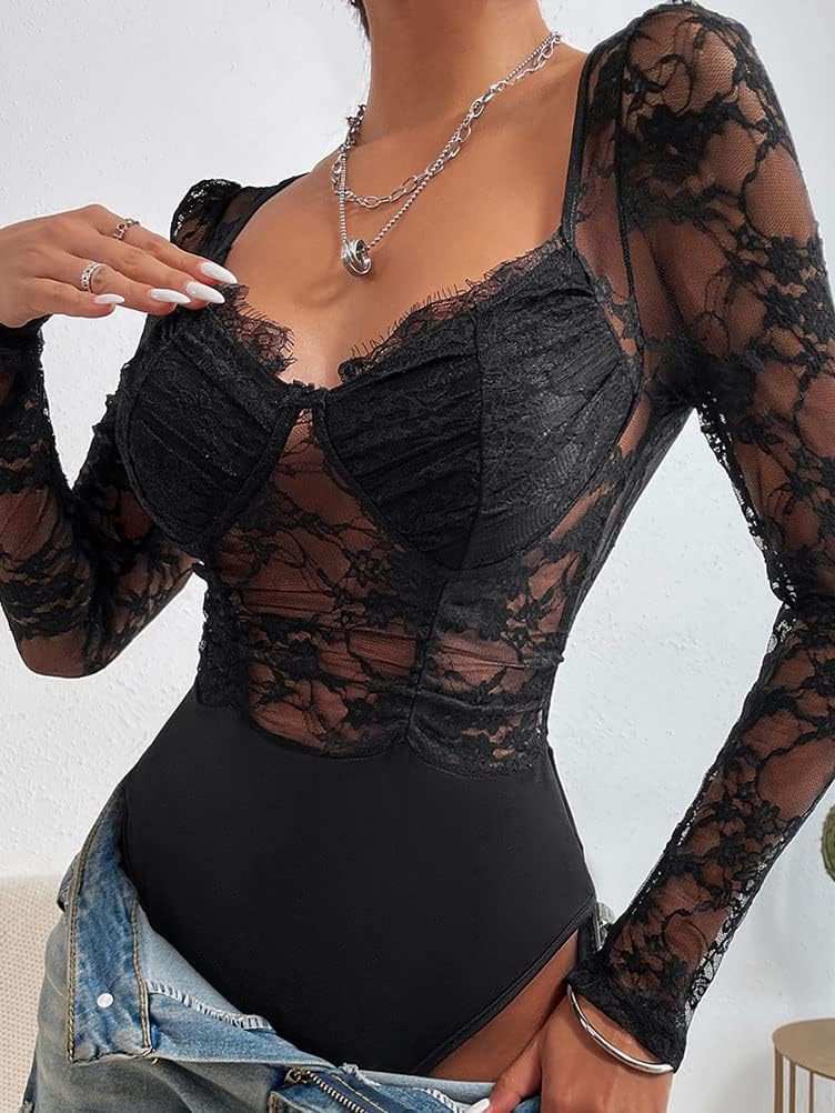 Generisk dambody med spetsar, långärmad eleganta bodys, sexig jumpsuit, toppar, bodysuit, stringtrosa, långärmad body, basic undertröja, V-ringad, party, topp, bustier, ledig, chic, body, spets, damer