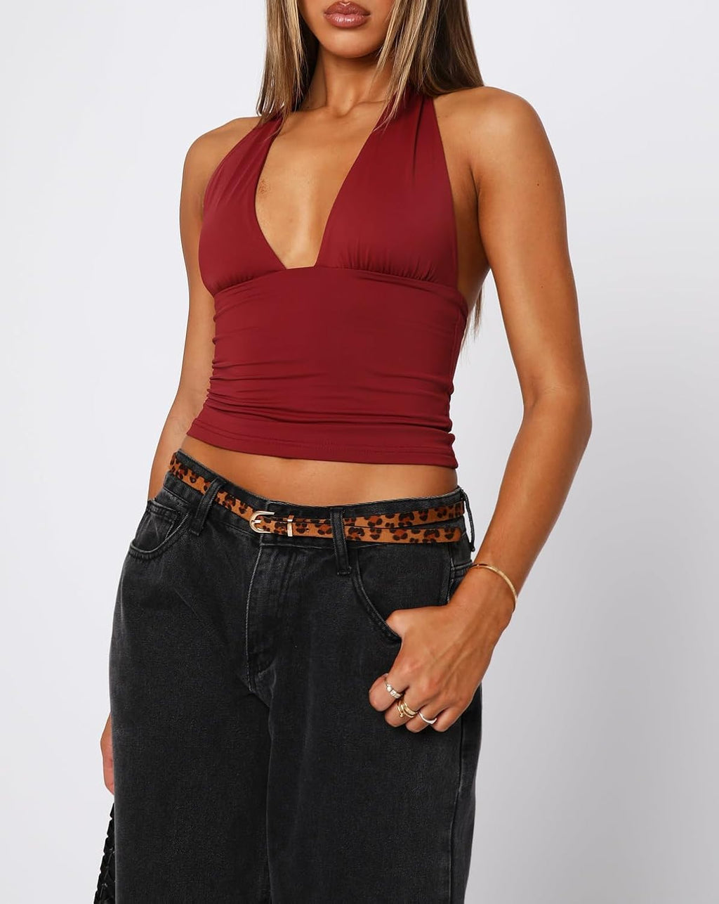 Dam sexig hållare djup V-hals backless crop tank top öppen rygg ärmlös smal passform Y2k sommartoppar