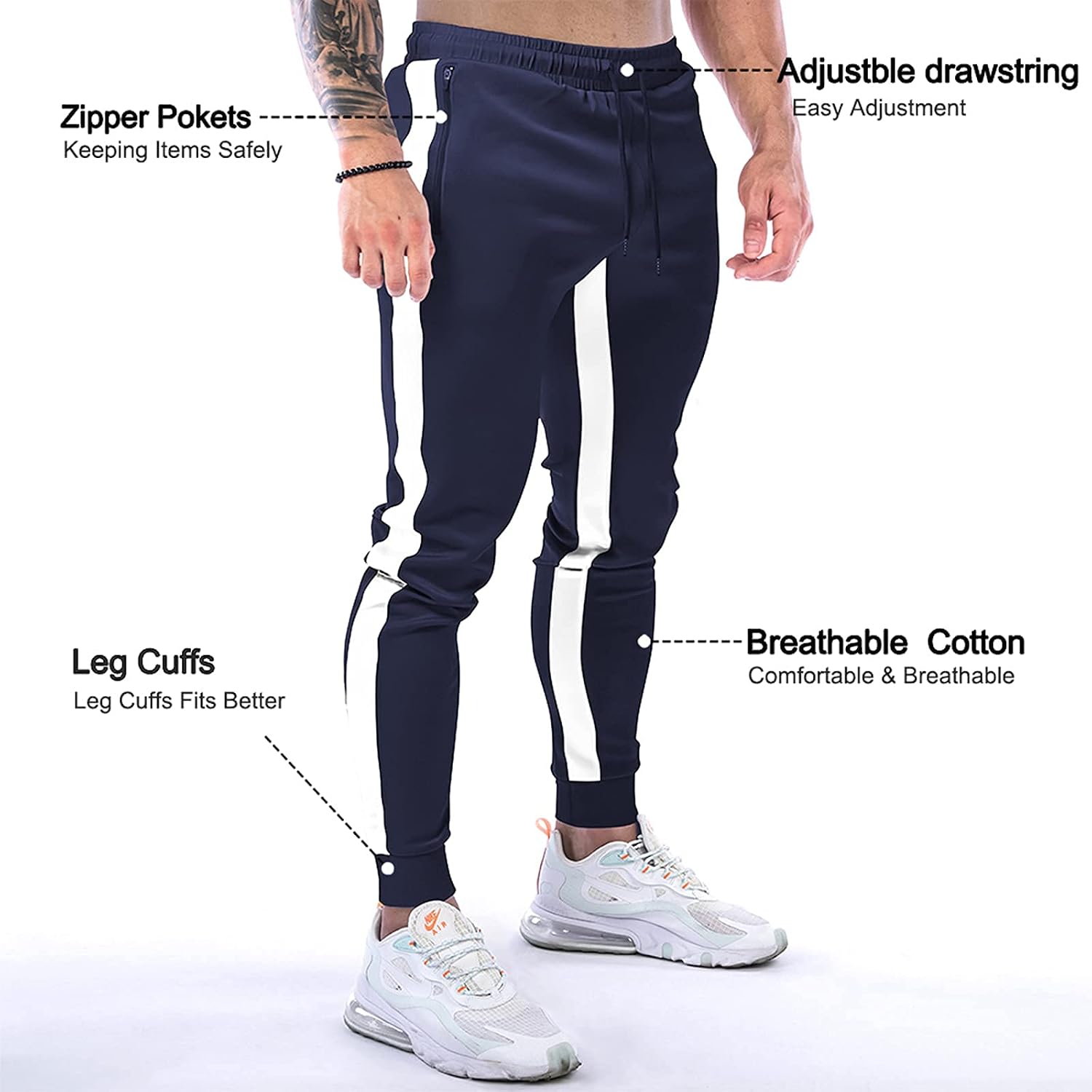 Suwangi Joggingbyxor för män, sportbyxor, byxor, randig design med dragkedjefickor