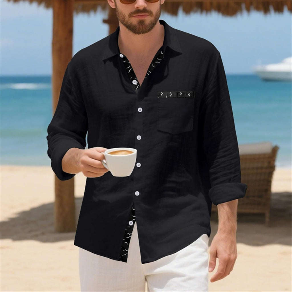 Herrskjorta linne hawaiiansk skjorta herr andningsbar skjorta långärmad chic skjorta överdimensionerad sommartopp med krage ledig minimalistisk baggy topp
