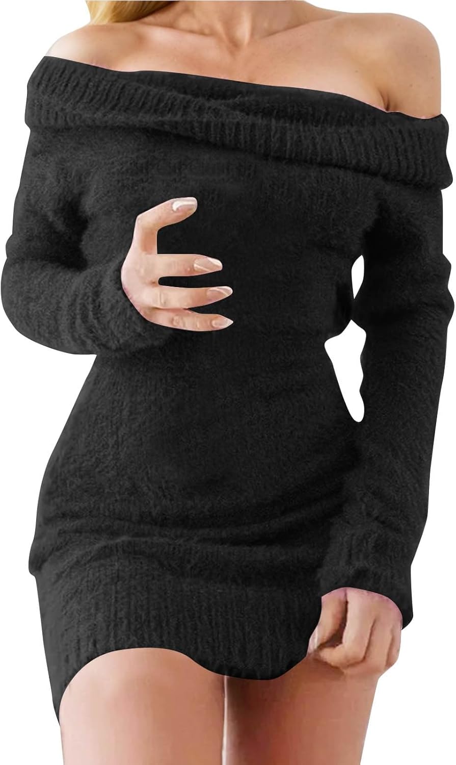 Stickad klänning för kvinnor off-shoulder-bodycon-tröja med långa ärmar för vintersemester
