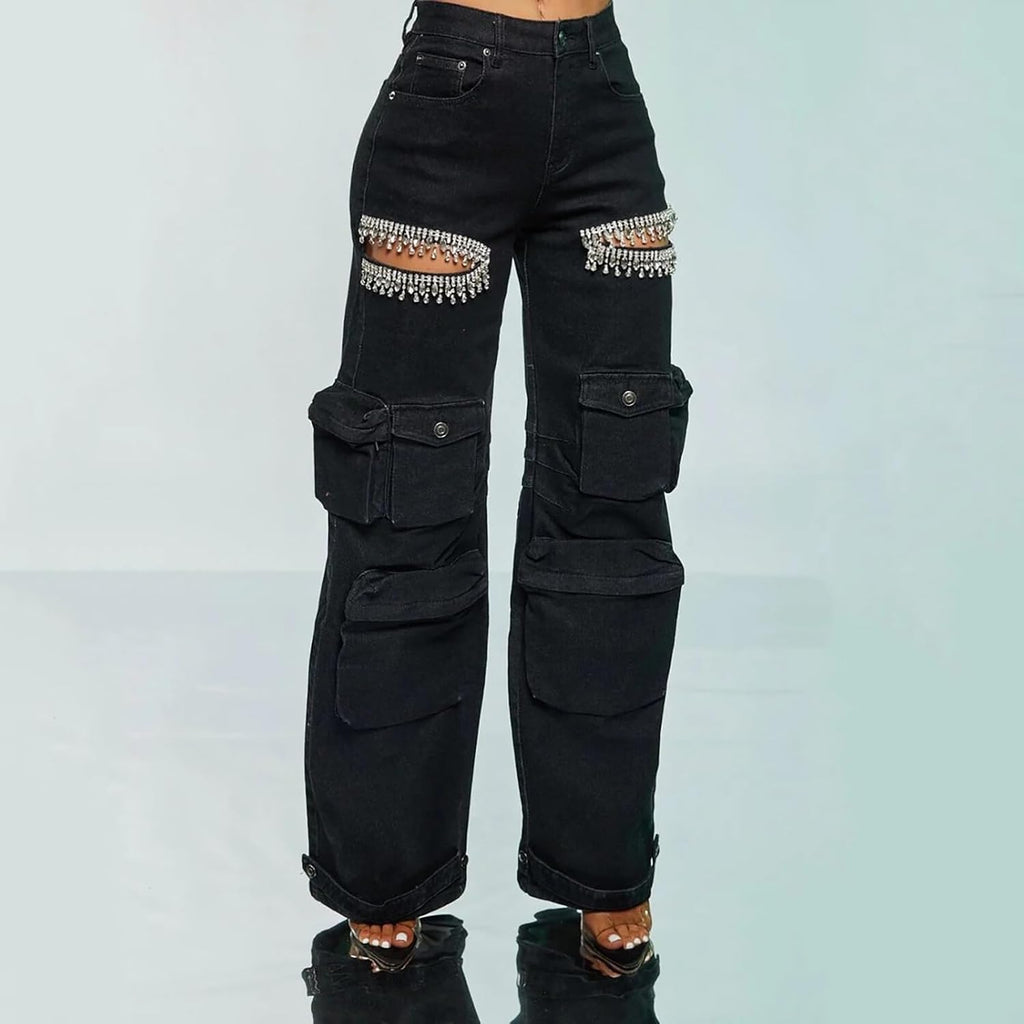 Kvinnor Baggy Ripped Jeans Strass High Waisted Cargo Jeans med Lockfickor Y2k Byxor med Vida Ben Streetwear Ripped Raka Jeans Sexiga Trendiga Jeans