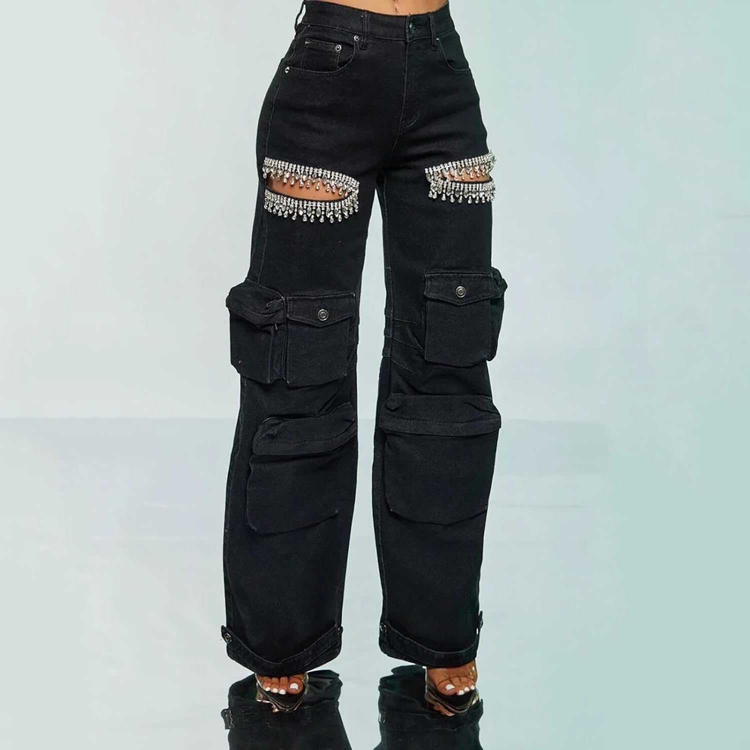 Kvinnor Baggy Ripped Jeans Strass High Waisted Cargo Jeans med Lockfickor Y2k Byxor med Vida Ben Streetwear Ripped Raka Jeans Sexiga Trendiga Jeans