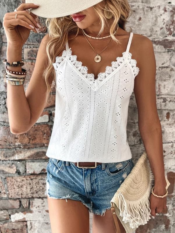 Haibang Chic och elegant sommarlinne dam camisole spets ärmlös spaghettiband topp sexig lös tröja ögla broderi camisole mode casual tanktoppar