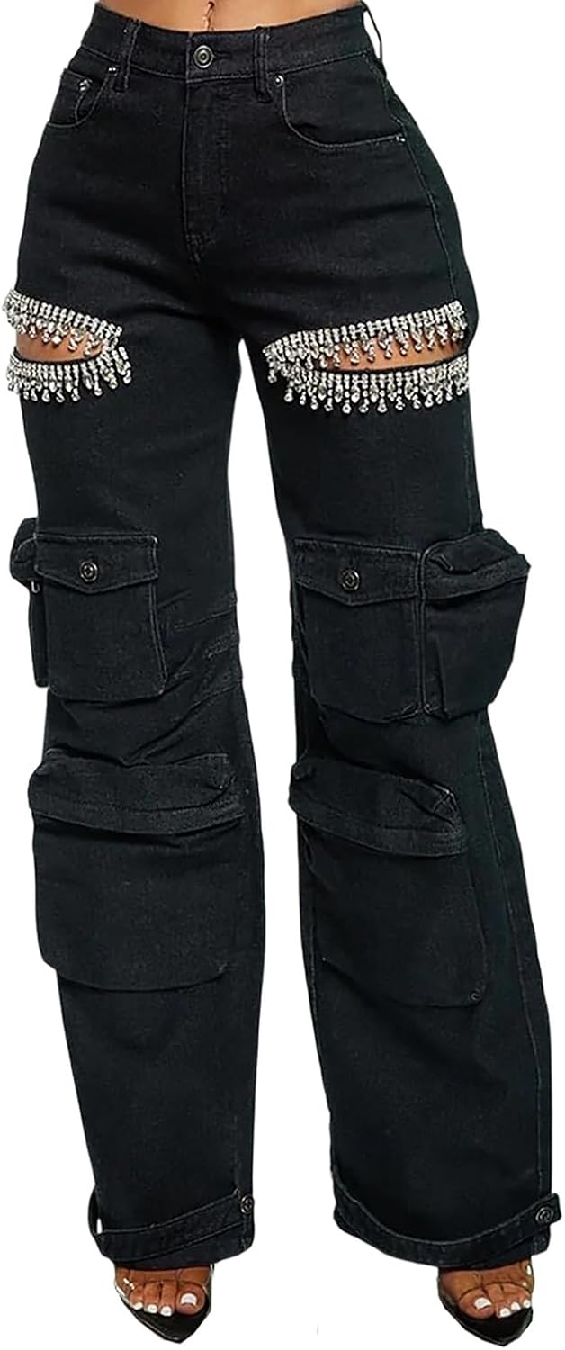 Kvinnor Baggy Ripped Jeans Strass High Waisted Cargo Jeans med Lockfickor Y2k Byxor med Vida Ben Streetwear Ripped Raka Jeans Sexiga Trendiga Jeans