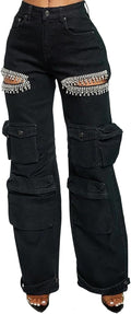 Kvinnor Baggy Ripped Jeans Strass High Waisted Cargo Jeans med Lockfickor Y2k Byxor med Vida Ben Streetwear Ripped Raka Jeans Sexiga Trendiga Jeans