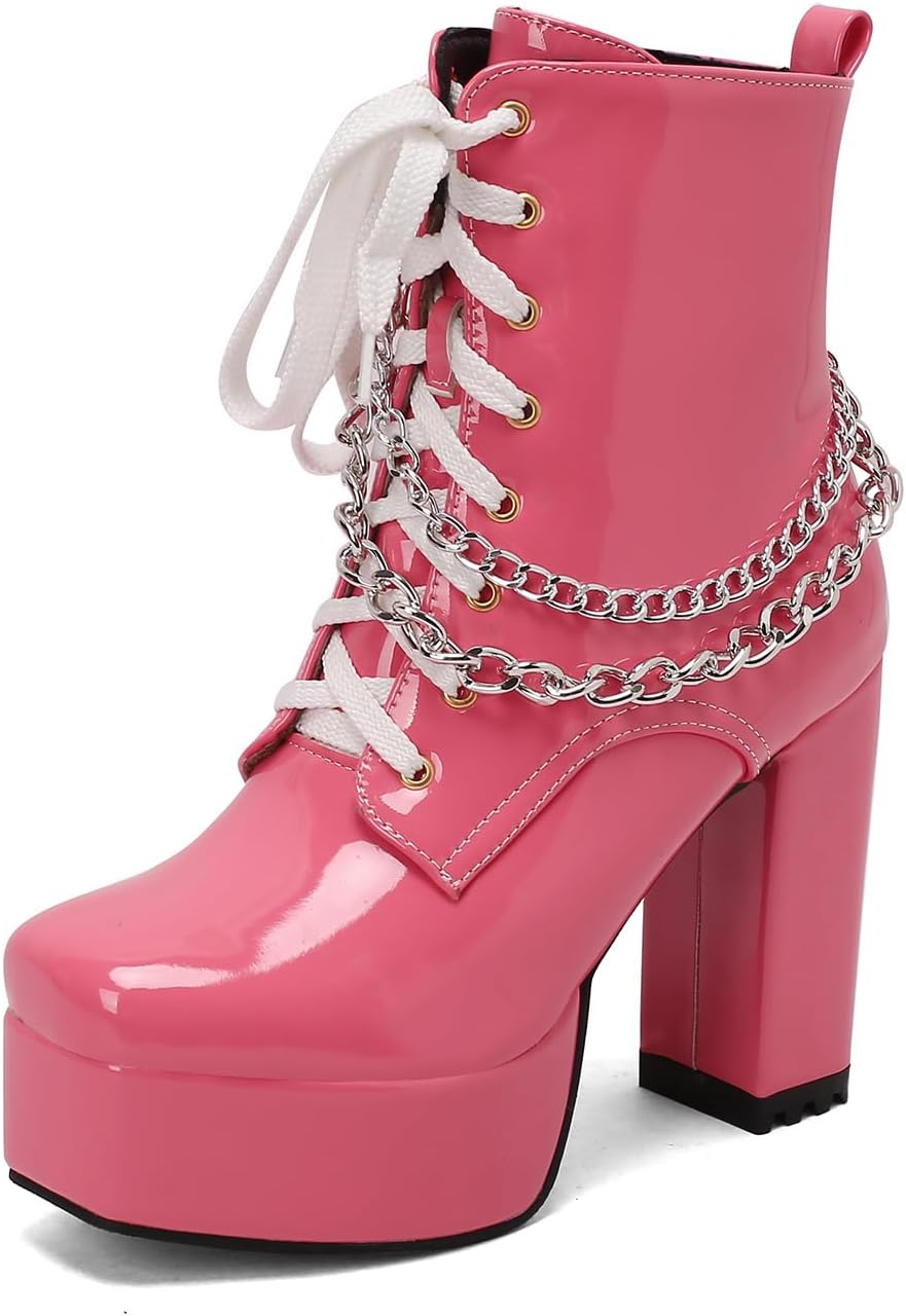 Goth Platåskor Boots för Dam, 11.5cm Blockklack Combat Boots med Kedja, Lackläder Platåstövlar Fyrkantig Tå med Dragkedja, Svart Vit Rosa