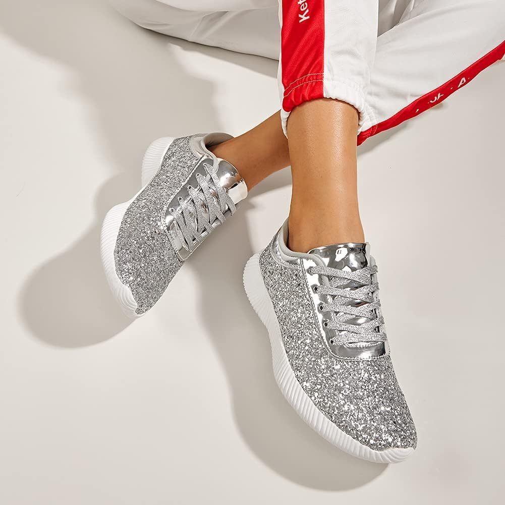 LUCKY STEP Briljanta sneakers för kvinnor med strass och metallpaljetter, lätta tennisskor