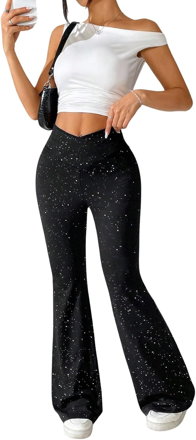 SOLY HUX Festival outfit byxor dam stora storlekar byxor eleganta glitter utsvängda byxor hög midja festbyxor dansbyxor fritidsbyxor