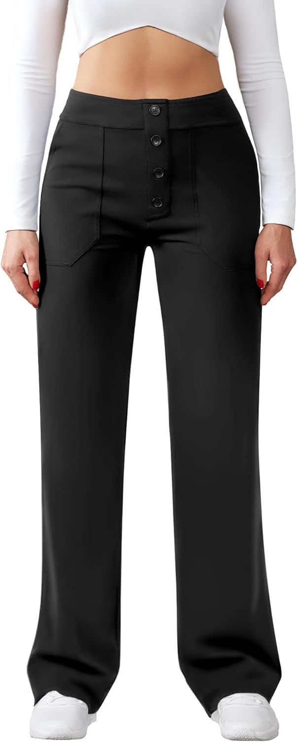 Friptspyg byxor dam hög midja breda byxor knapp raka ben byxor casual arbete byxor stretch yogabyxor med fickor