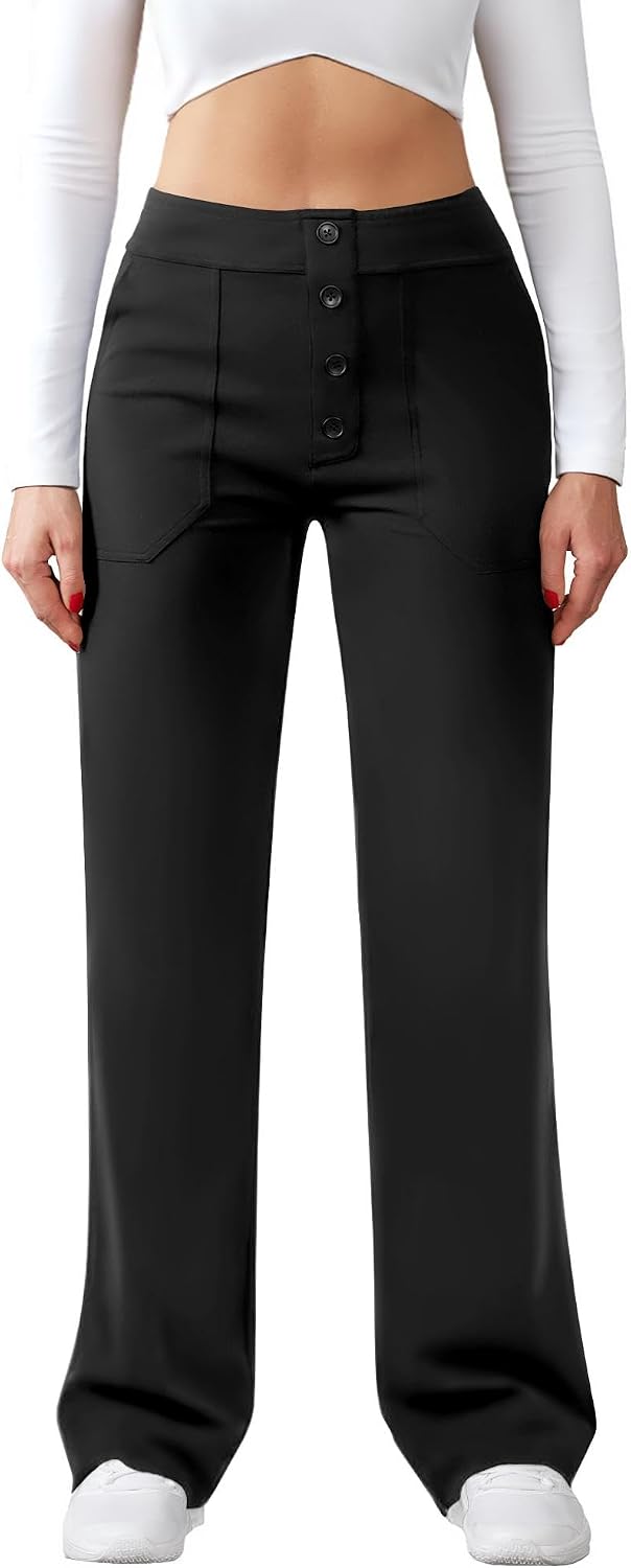 Friptspyg byxor dam hög midja breda byxor knapp raka ben byxor casual arbete byxor stretch yogabyxor med fickor