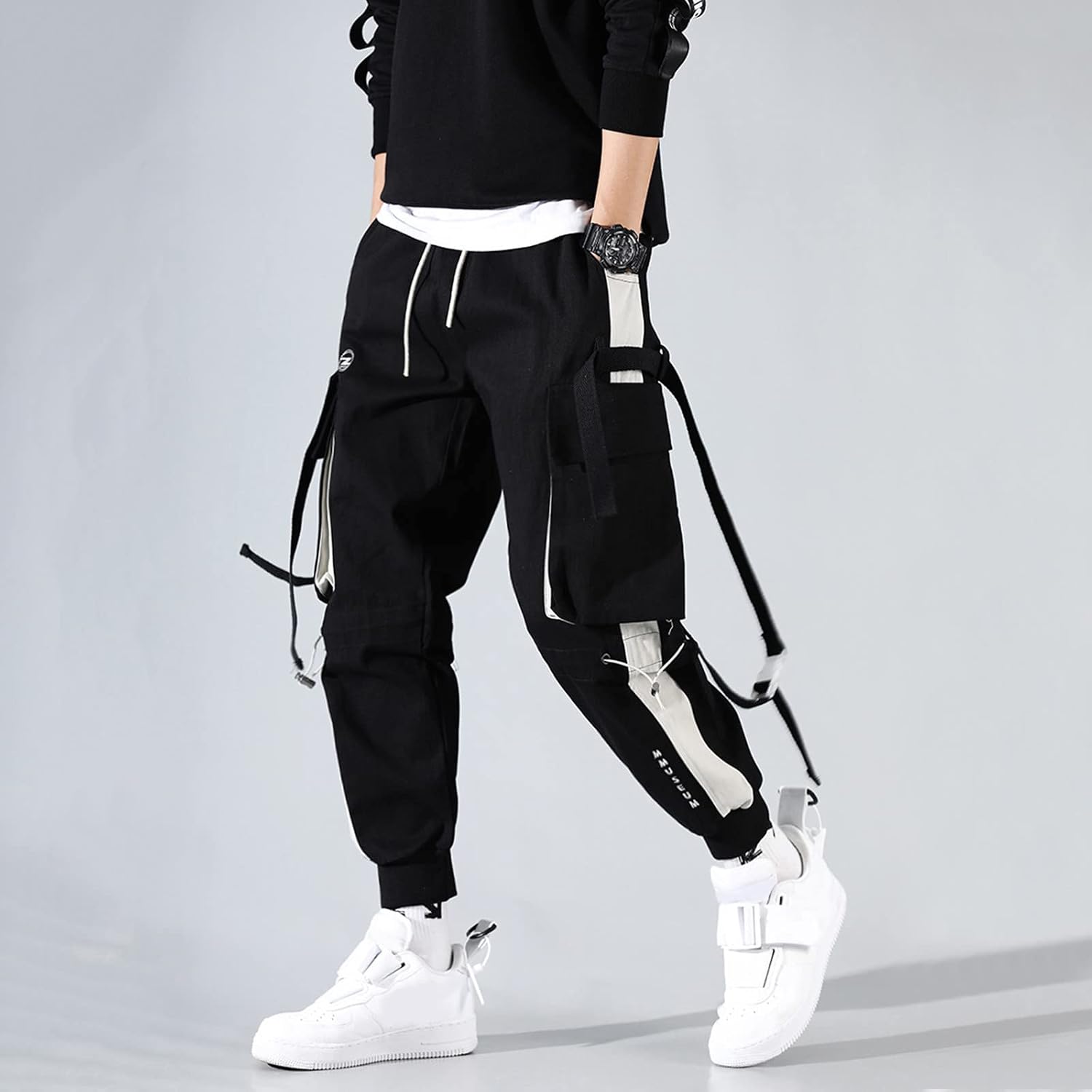 Cargo byxor herr lång bomull, lätta fritidsbyxor herr M-3Xl, lös passform utomhusbyxor smala ben herrbyxor dragsko elastiska byxor nederdelar med fickor delade joggingbyxor