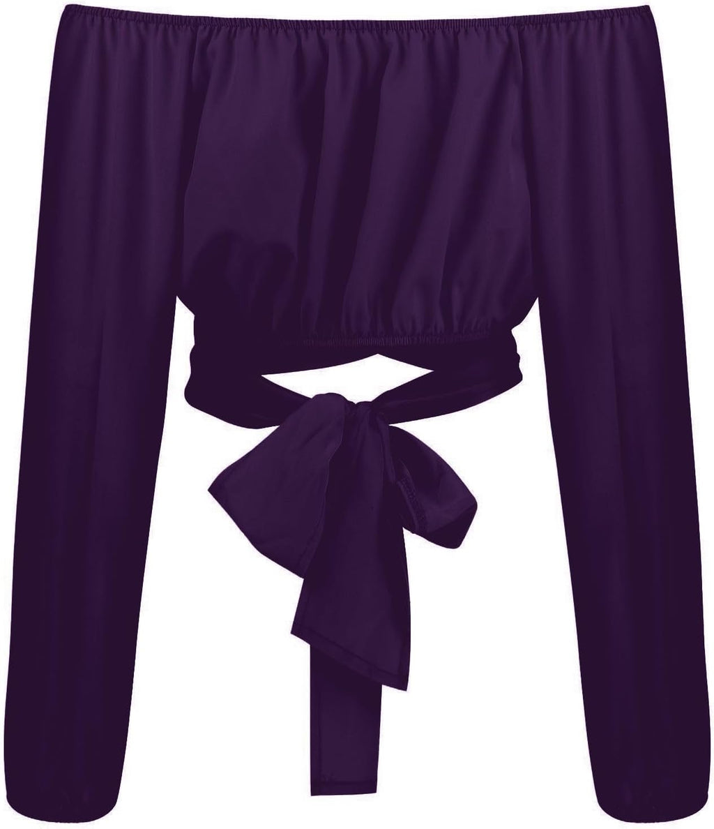 Off Shoulder Dam Crop Top Elegant Lanternärm Långärmad Rynkad Knytskärp Blus Sexy Shirt Semester Party Clubwear