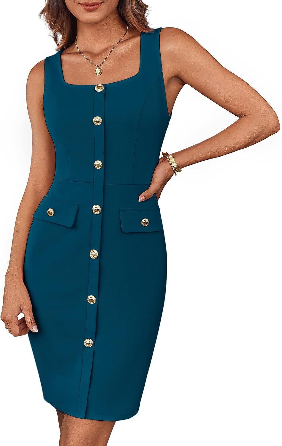 GRACE KARIN cocktailklänning för kvinnor, elegant klänning, ärmlös, fyrkantig hals, knapp, bälte, affär, arbete, kontor, formell klänning, wrap klänning, bodycon miniklänning med bälte