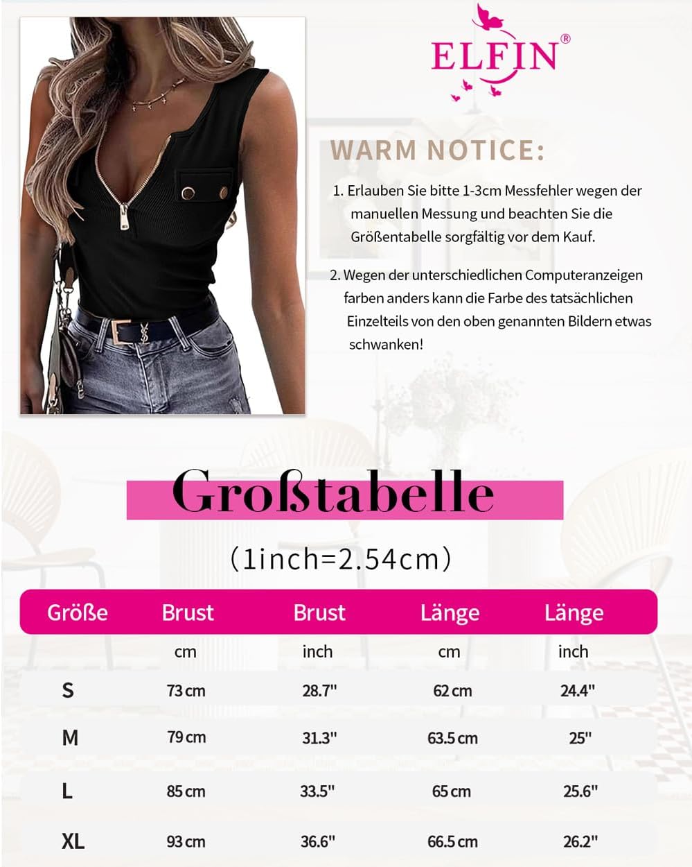 ELFIN Ärmlös linne ribbad sommar sexiga toppar dragkedja stretch väst smal passform basic skjorta ribbade toppar