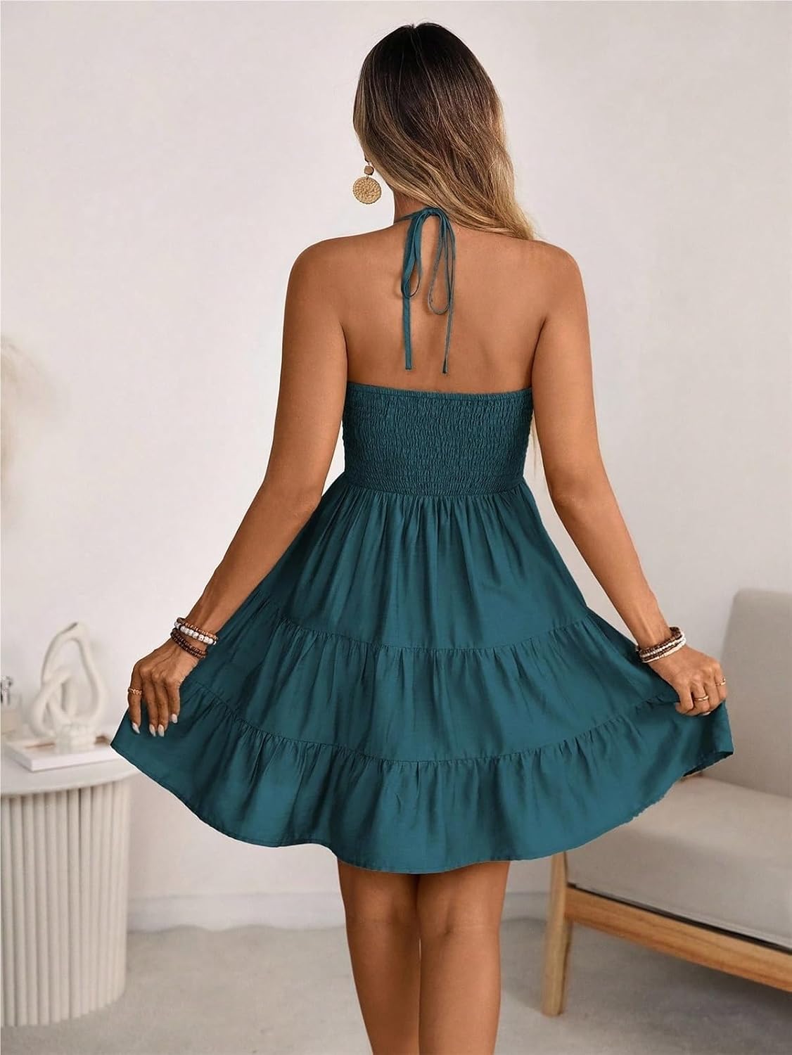 Kvinnors sommar miniklänning Grimma Rygglös Ärmlös A Line Ruffle Hem Flowy Cami Klänningar Sundress