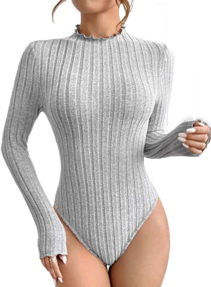 Generisk body damer långärmad elegant sexig basic stickad ribbad bodysuit jumpsuit tajt V-ringning polotröja dambody onepiece overall bodycon bodies bodysuit för kvinnor