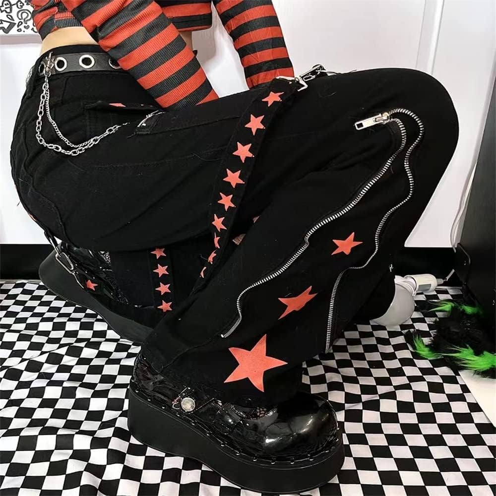 Kvinnor Y2k-jeans, gothstil, byxor i punkig emostil, säckiga, utsvängda jeans, breda ben, Harajuku grunge-byxor, hiphop-kläder
