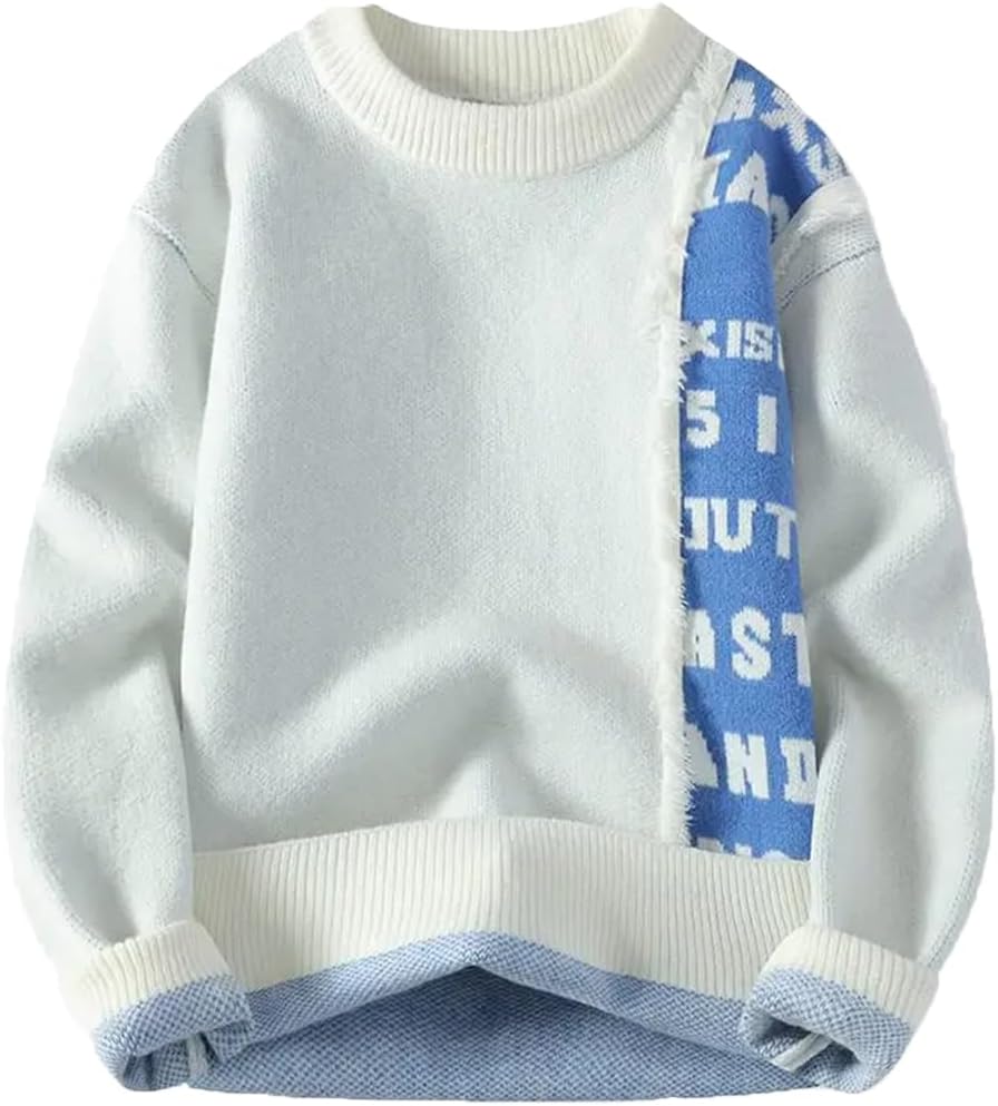 Fnfmrfmr Stickad herrtröja med lappverk rund hals varm hip-hop street pullover tröjor toppar