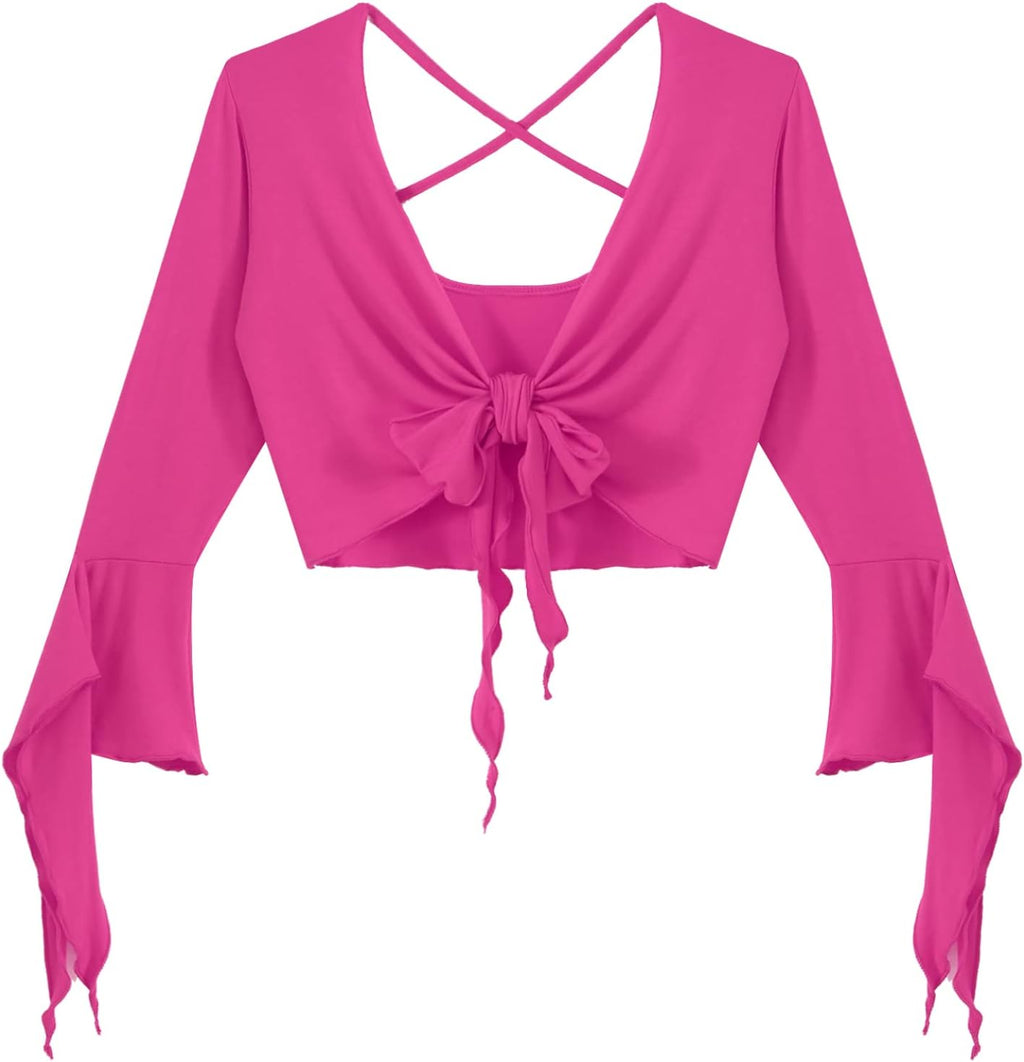 inlzdz Dam magdans topp 3/4 ärmar magfri blus topp cardigan med tofsar långärmad bolero Shrug topp rygglös crop top axeljacka festlig magdans kostym
