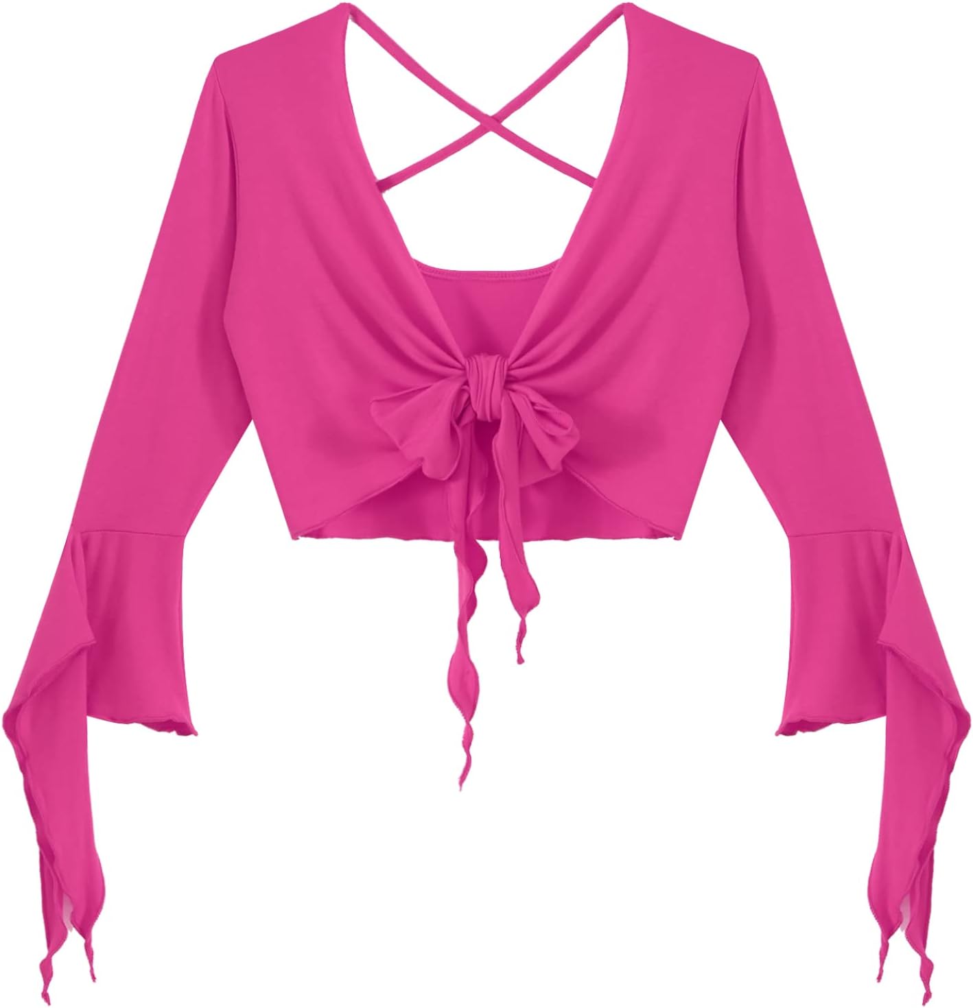 inlzdz Dam magdans topp 3/4 ärmar magfri blus topp cardigan med tofsar långärmad bolero Shrug topp rygglös crop top axeljacka festlig magdans kostym