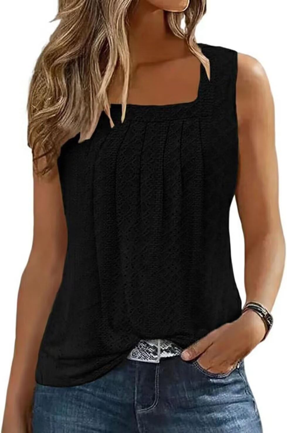 AIMITAG Färgblock veckad fyrkantig krage linne kvinnor randig tank t-shirt sommar ledig lös passform ärmlös skjorta