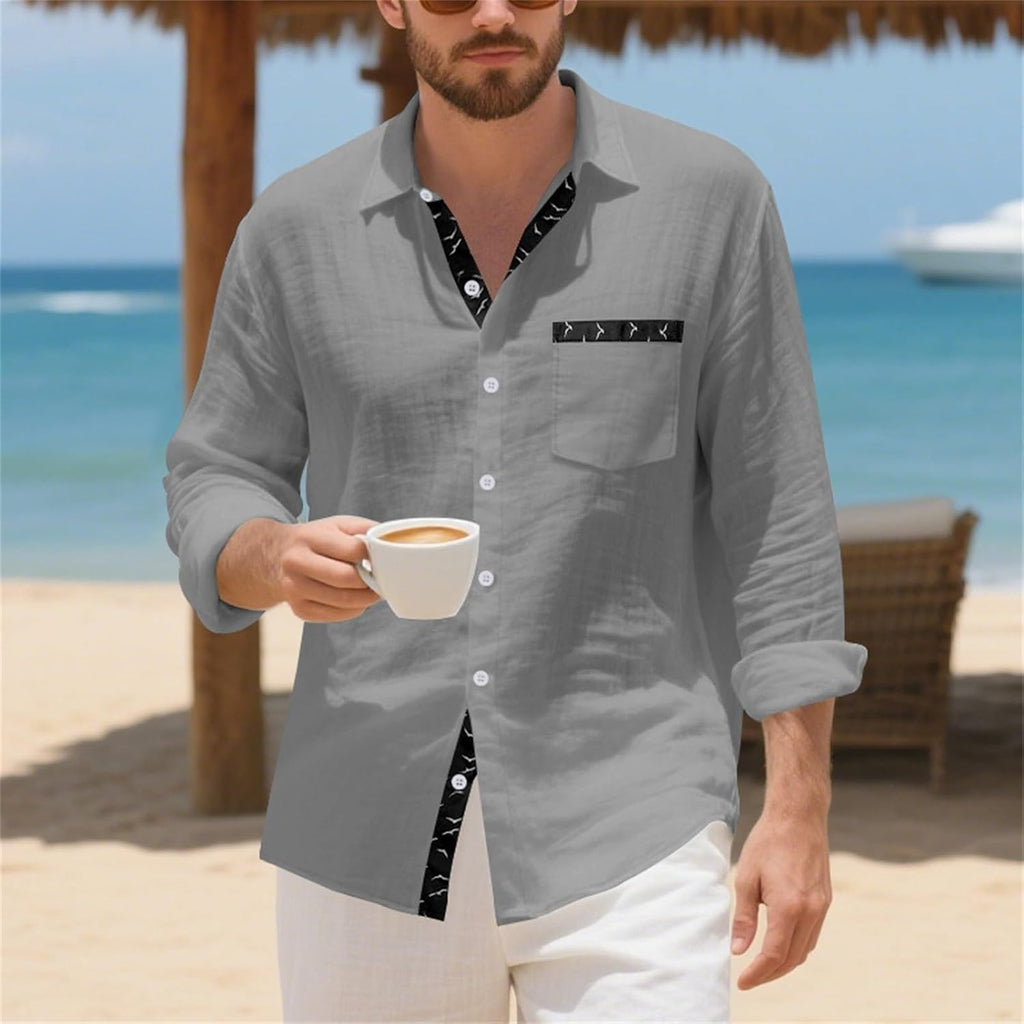 Herrskjorta linne hawaiiansk skjorta herr andningsbar skjorta långärmad chic skjorta överdimensionerad sommartopp med krage ledig minimalistisk baggy topp