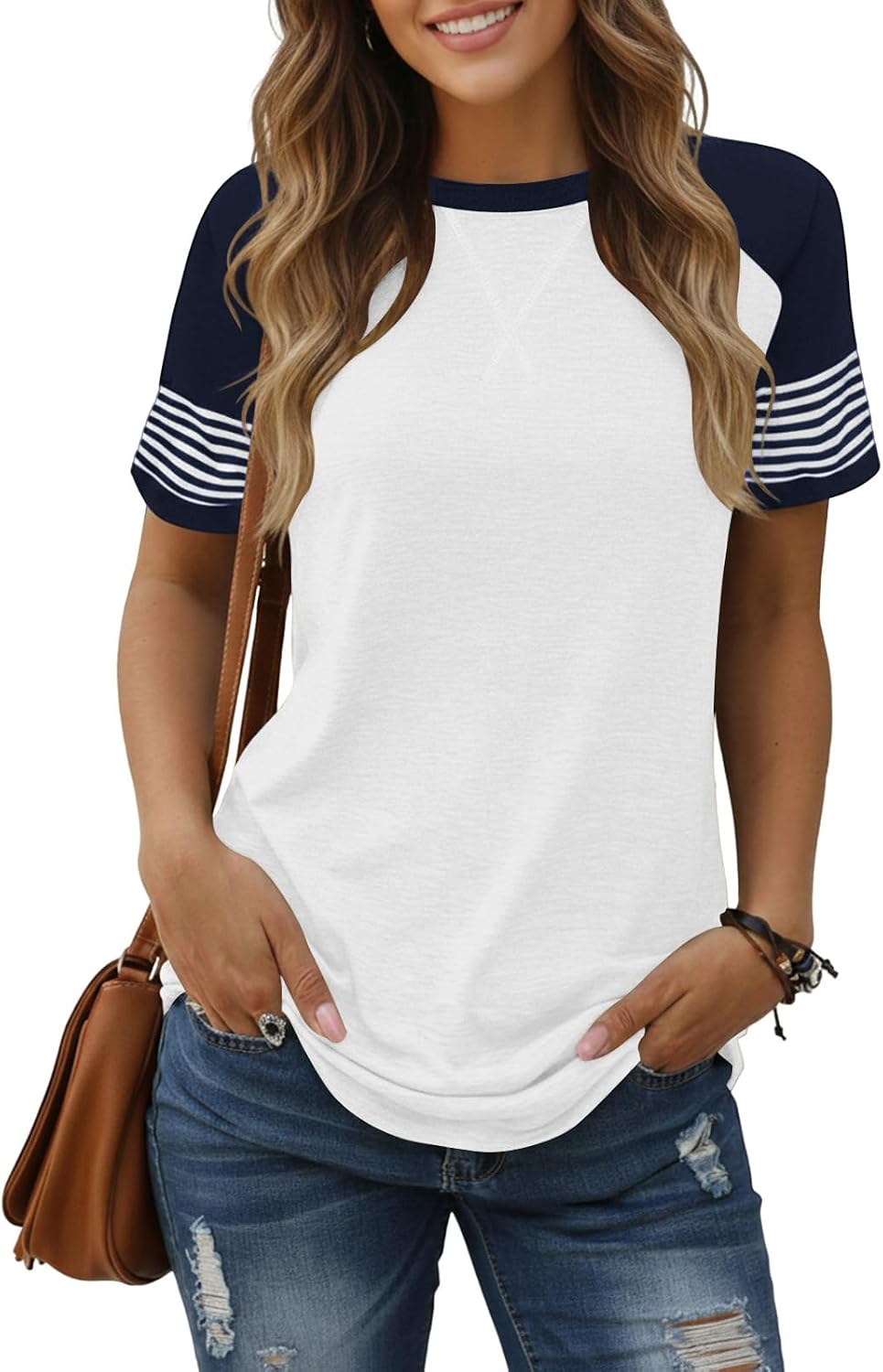 Cuptacc T-shirt, dam, elegant färgmatchning, raglan, kortärmad t-shirt, damer, randig, ledig tunika, lös, rund hals toppar