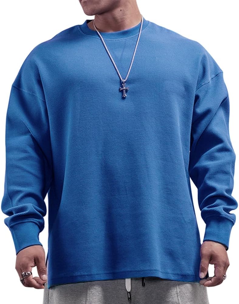 Muscle Alive Basic långärmad våffeltröja för män lös passform träning pullover rund hals skjorta
