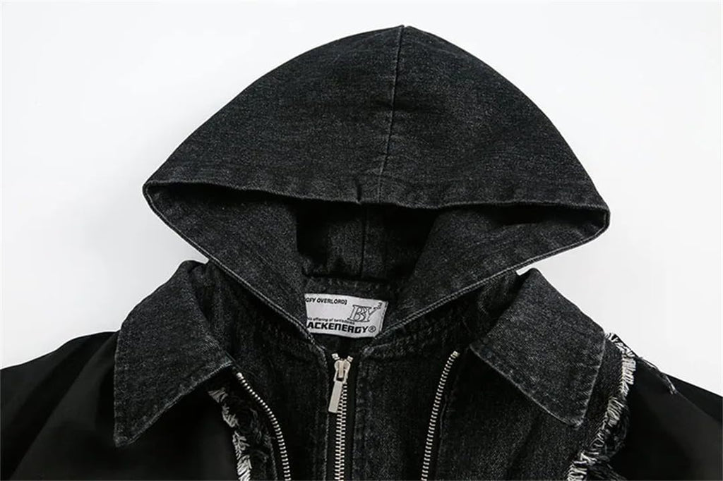 Fnfmrfmr Män Vintage Hip Hop Svarta Denim Jackor Tvättat Lappverk Dragkedja Casual Ytterkläder Rockar