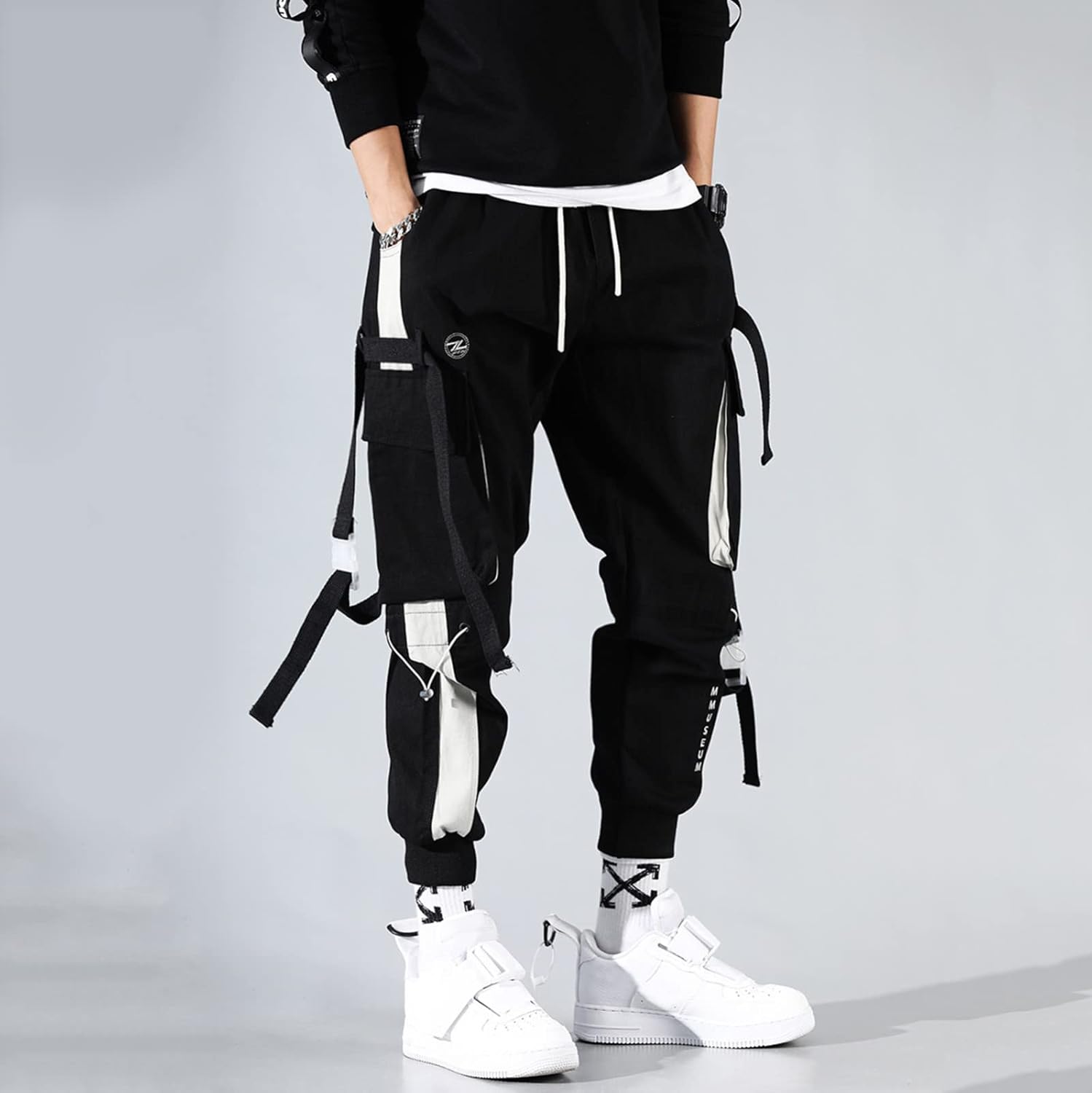 Cargo byxor herr lång bomull, lätta fritidsbyxor herr M-3Xl, lös passform utomhusbyxor smala ben herrbyxor dragsko elastiska byxor nederdelar med fickor delade joggingbyxor