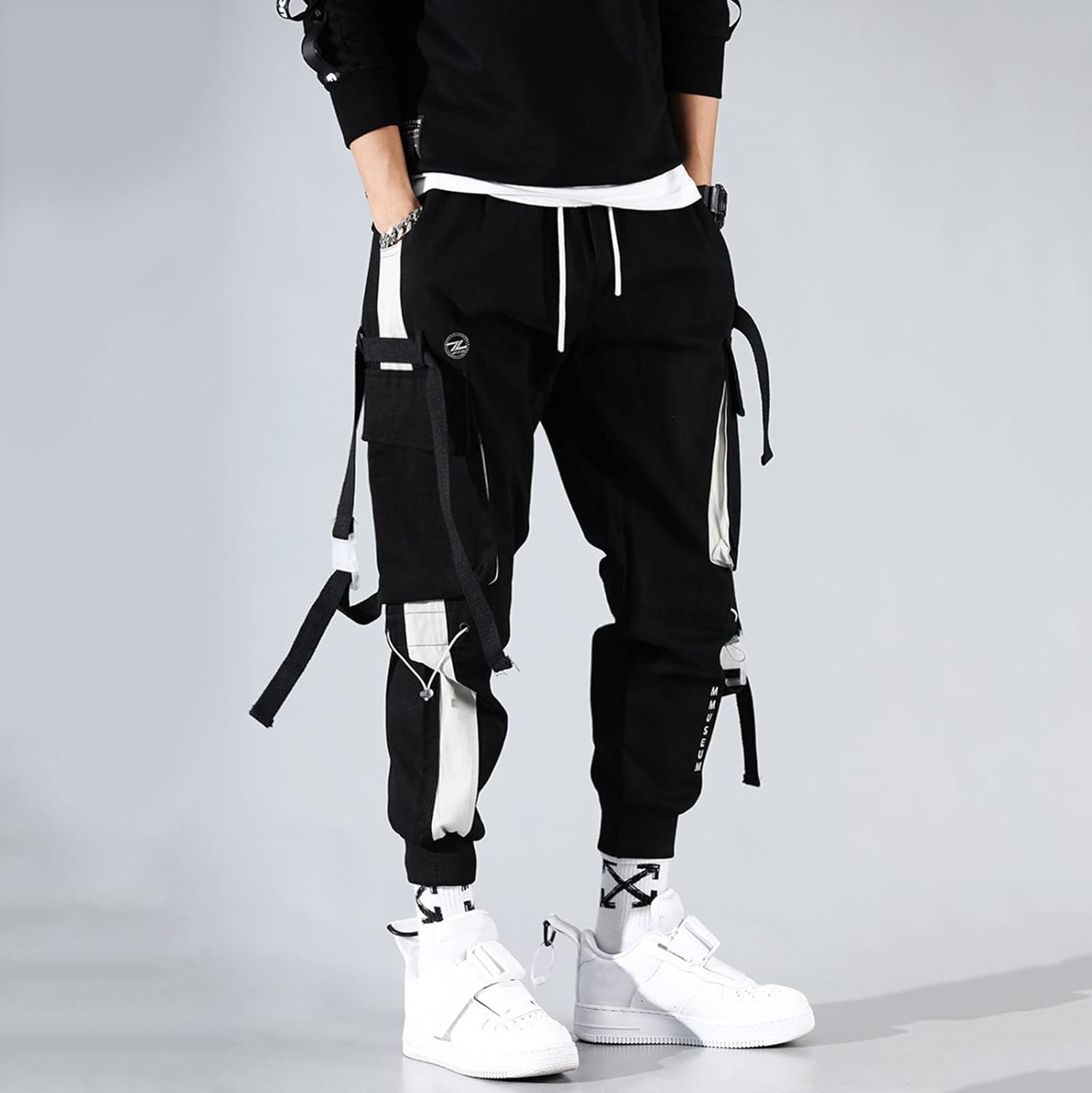 Cargo byxor herr lång bomull, lätta fritidsbyxor herr M-3Xl, lös passform utomhusbyxor smala ben herrbyxor dragsko elastiska byxor nederdelar med fickor delade joggingbyxor