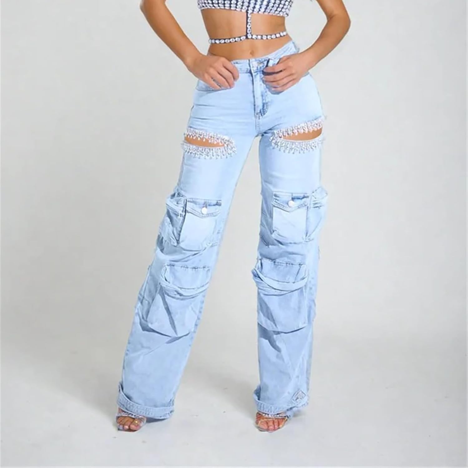 Kvinnor Baggy Ripped Jeans Strass High Waisted Cargo Jeans med Lockfickor Y2k Byxor med Vida Ben Streetwear Ripped Raka Jeans Sexiga Trendiga Jeans