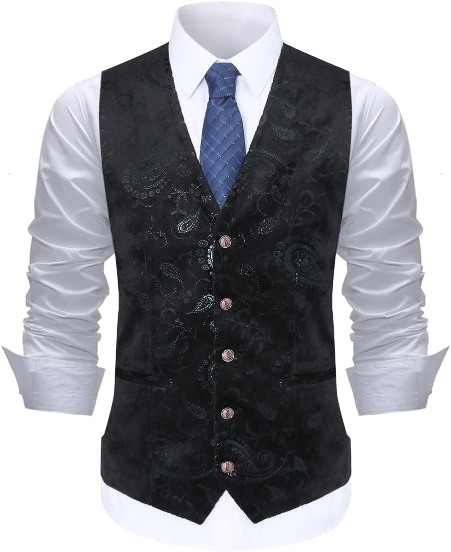 Paisley jacquard-kostym, väst för män, enkel knäppt väst, stilig, smal passform, med knäppning, bal, formell kostym