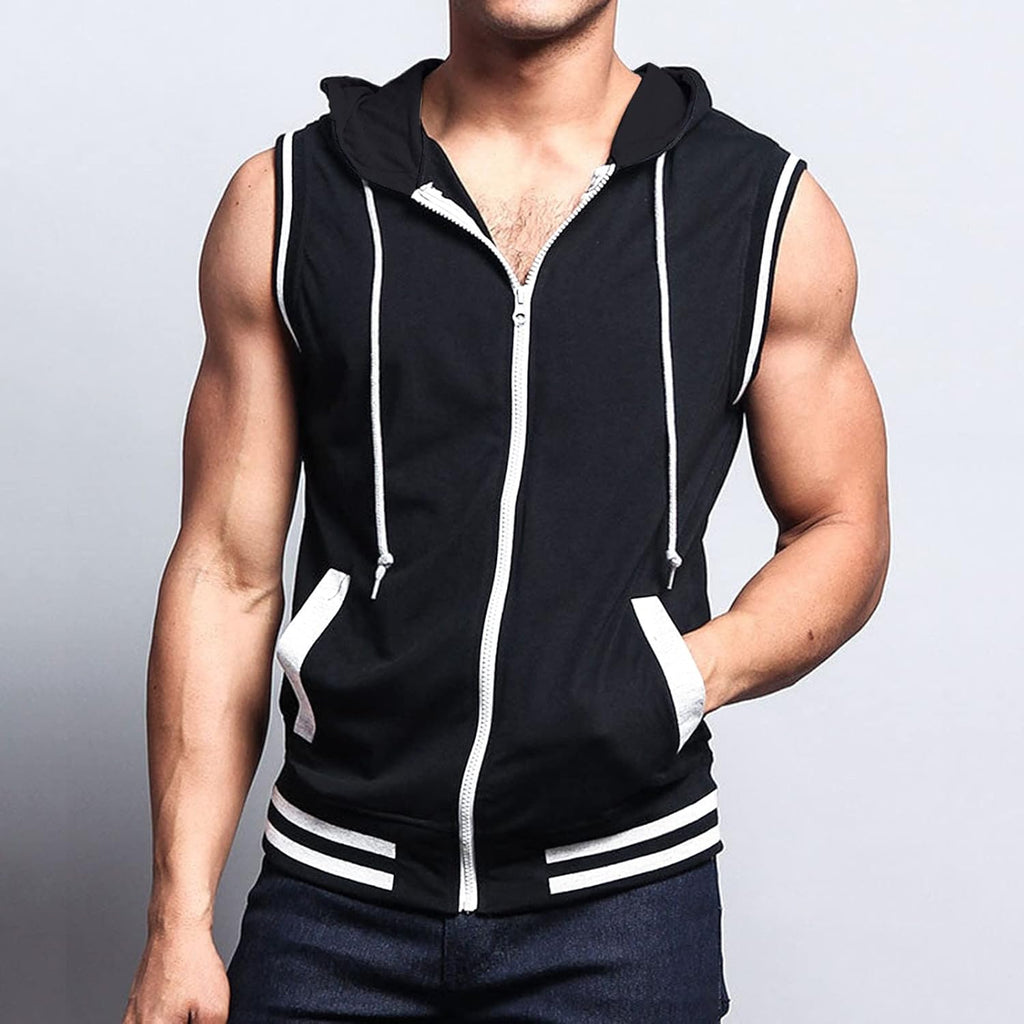 Sport huvjacka för män, tanktopp, huvtröja, gym, fitness, ärmlös huvtröja, muskelskjorta med dragkedja, ärmlös huvtröja för män med fickor, ledig tankskjorta med huva, sommarväst