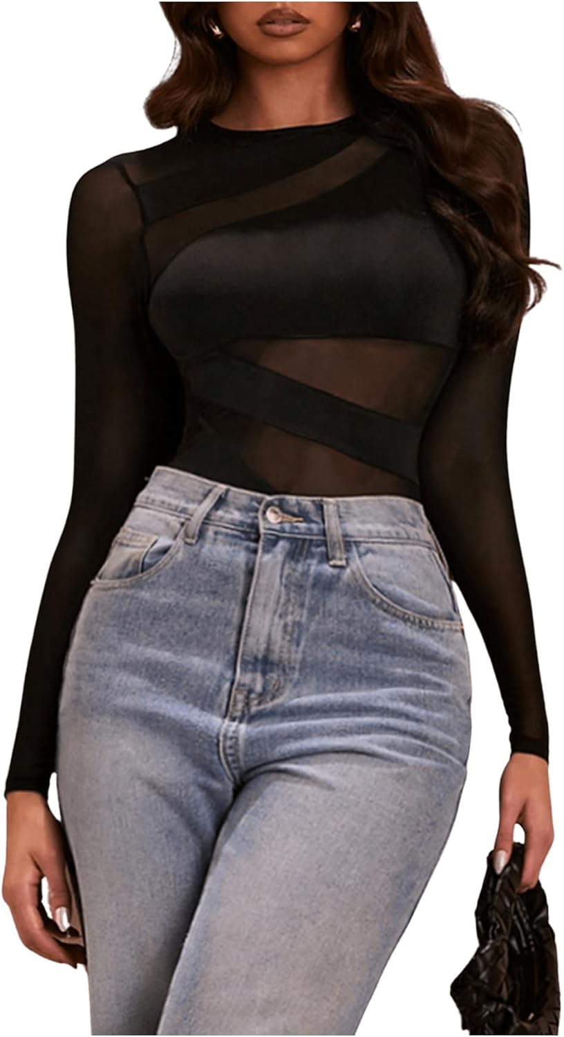 GORGLITTER Dambodysuit, elegant bodysuit, med genomskinligt nät, överdel, långärmad, bodys, nätskjorta, höst, festival, outfit