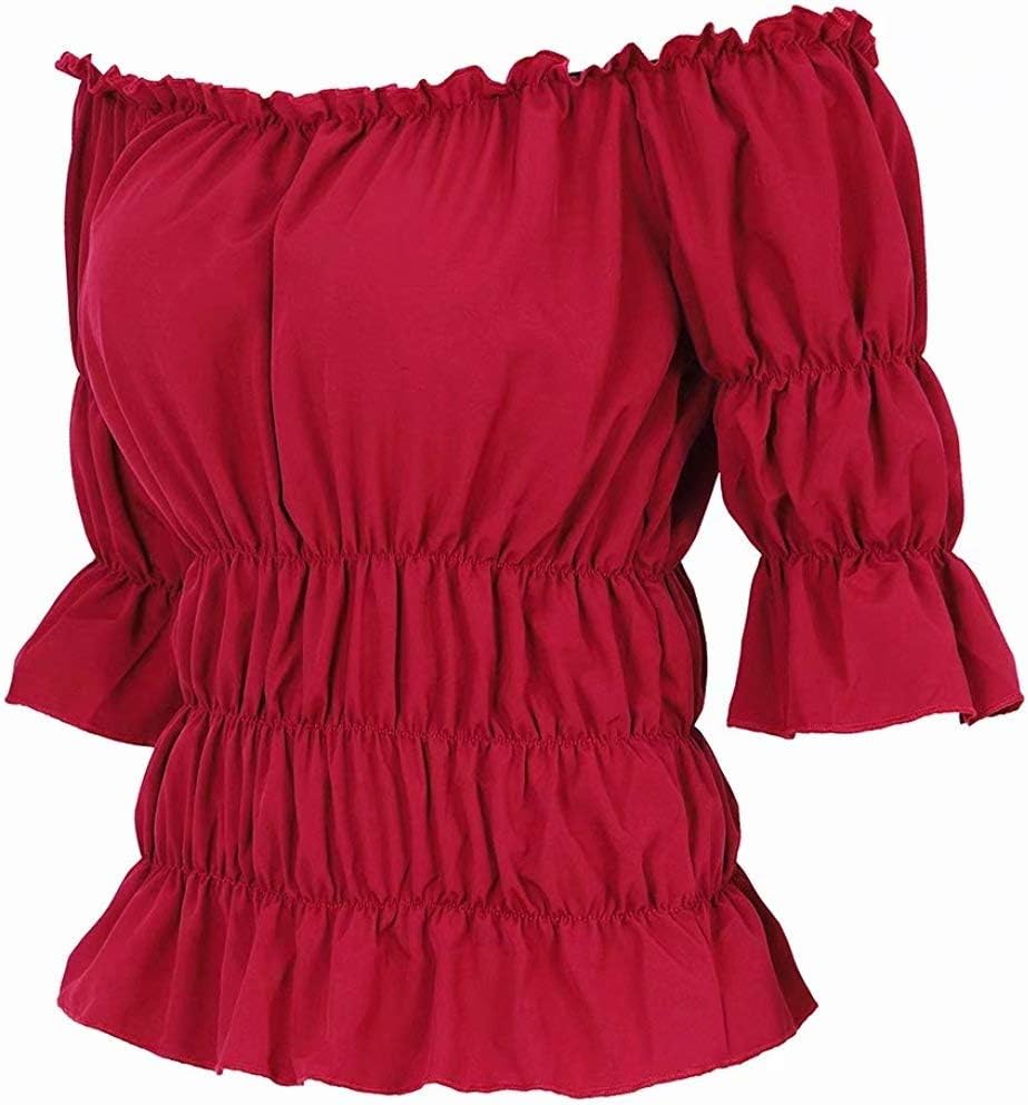 Blusar för kvinnor Off The Shoulder Renaissance Toppar Medeltida piratskjorta Gothic Smocked Boho kort ärm