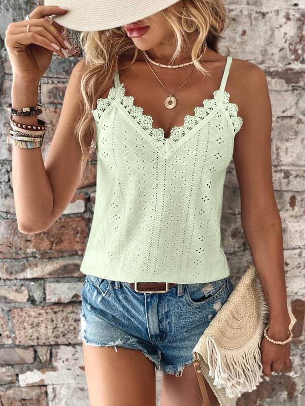 Haibang Chic och elegant sommarlinne dam camisole spets ärmlös spaghettiband topp sexig lös tröja ögla broderi camisole mode casual tanktoppar