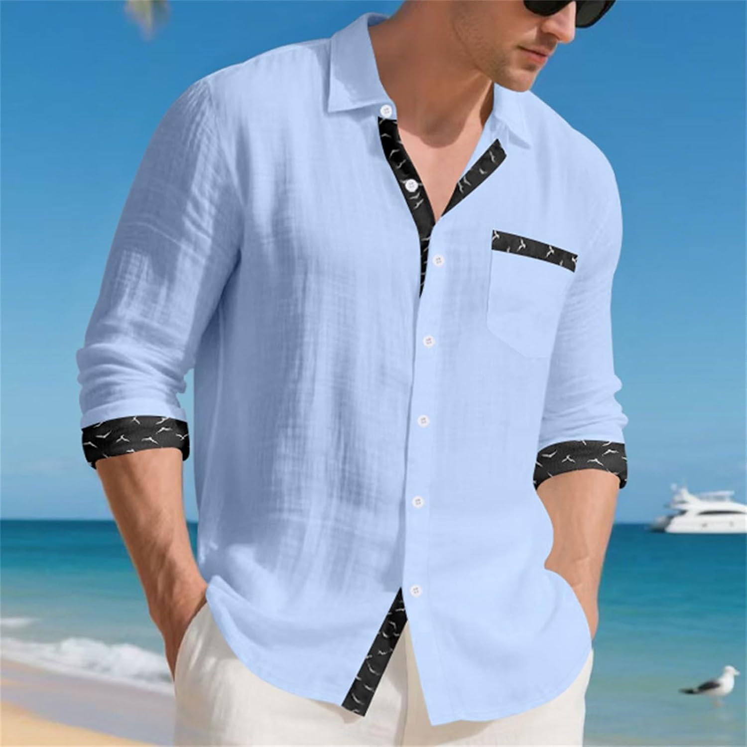 Herrskjorta linne hawaiiansk skjorta herr andningsbar skjorta långärmad chic skjorta överdimensionerad sommartopp med krage ledig minimalistisk baggy topp