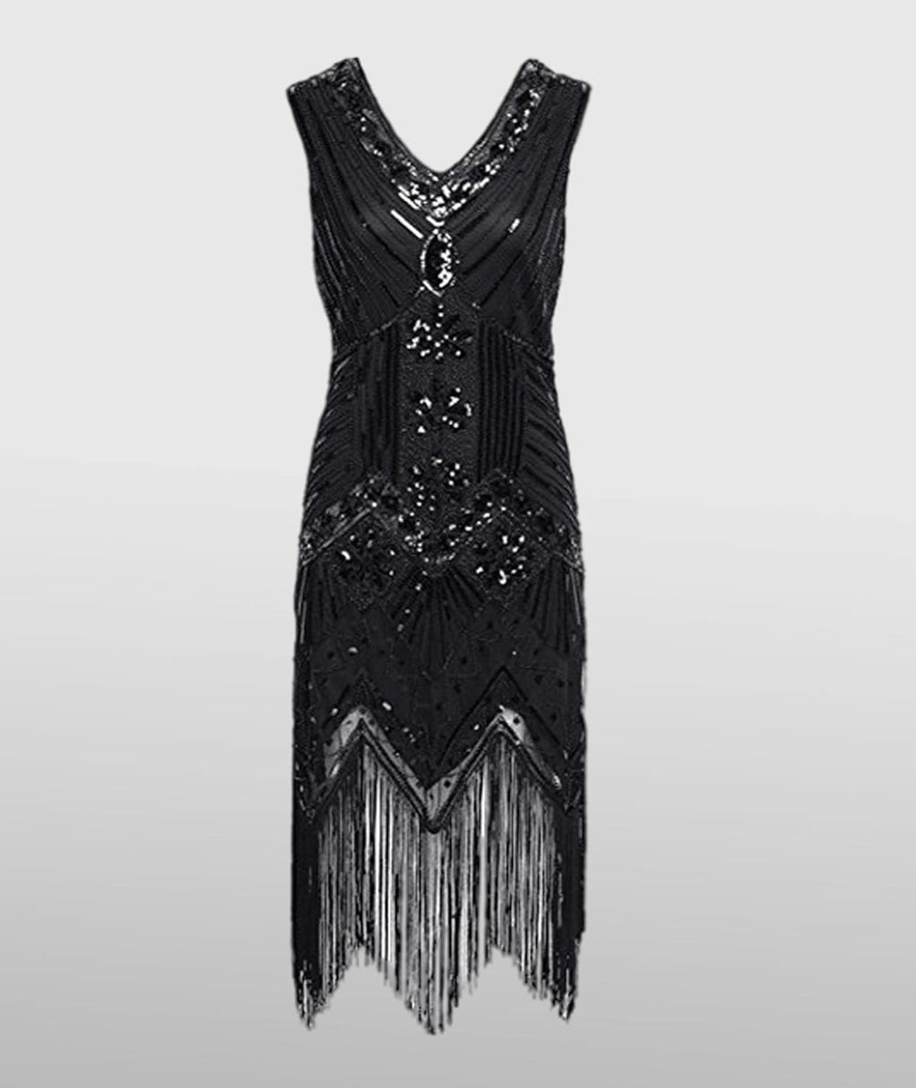 Hahaemma 1920-tals-vintageklänning, flapper-/charleston-klänning, Great Gatsby, med paljetter, tofsar och fåll, som examensbalklänning, aftonklänning, cocktailklänning eller kostymklänning