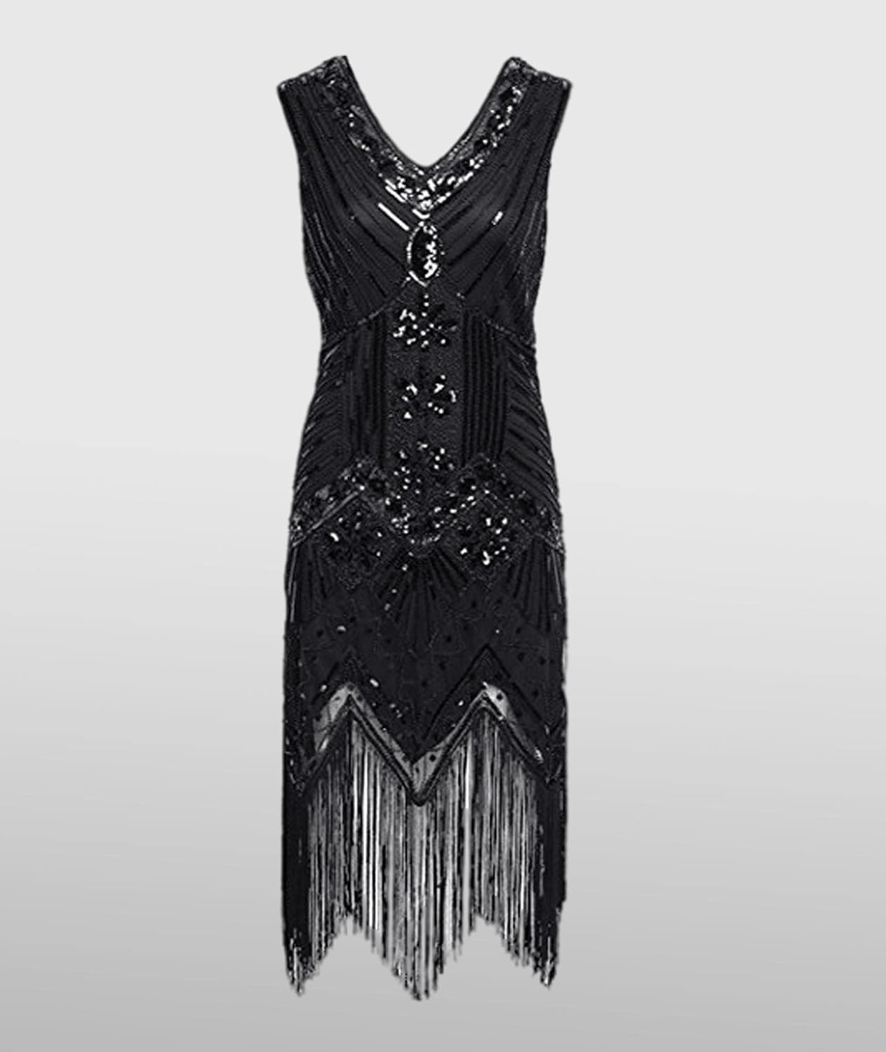 Hahaemma 1920-tals-vintageklänning, flapper-/charleston-klänning, Great Gatsby, med paljetter, tofsar och fåll, som examensbalklänning, aftonklänning, cocktailklänning eller kostymklänning